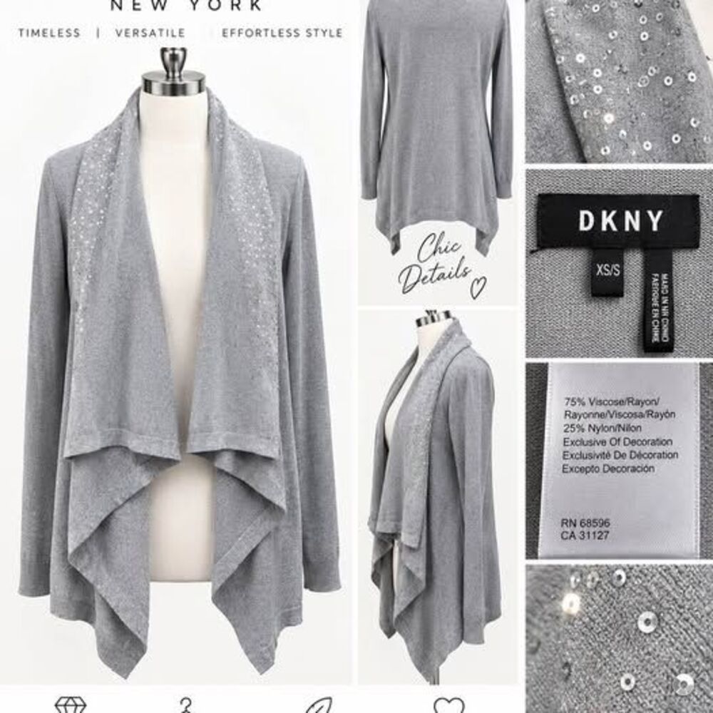 DKNY Gray Sequin Collar Open-Front Cardigan – XS/S – NWT